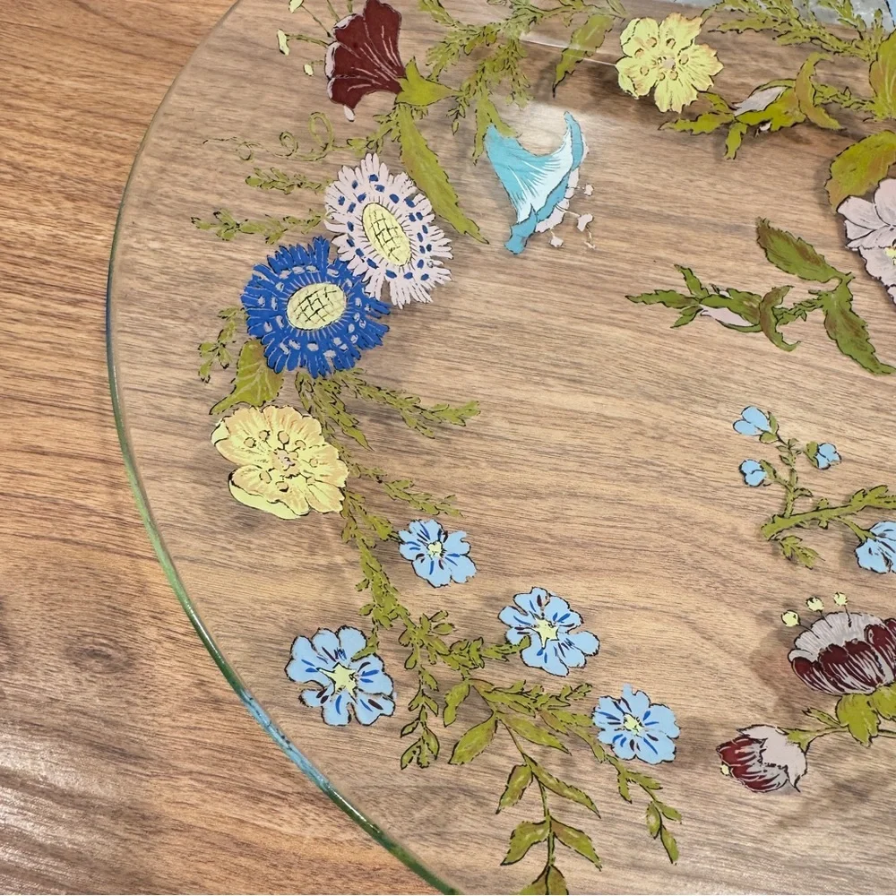 Vintage Dorothy Thorpe Hand-Painted Floral Glass Accent Bowl Platter
